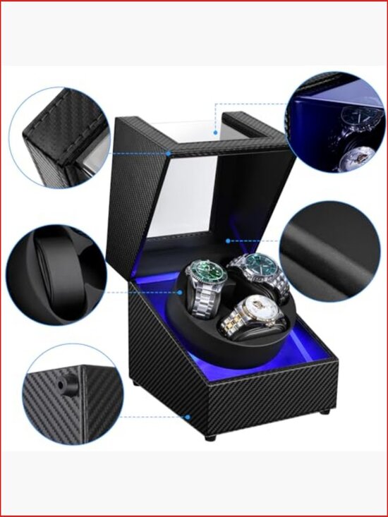 Watch Winder with LED Light Japanese Quiet Motor 4 Rotation Modes USB-C